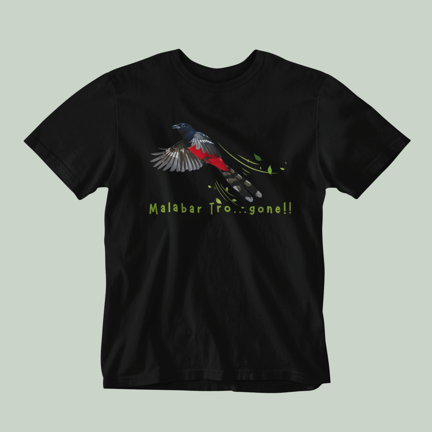 Black t-shirt with a colorful bird design and text on a light gray background