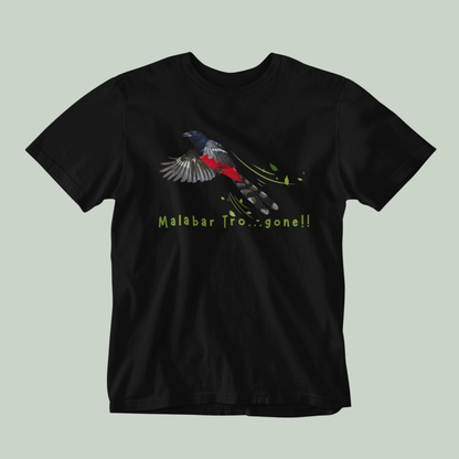 Black t-shirt with a colorful bird design and text on a light gray background