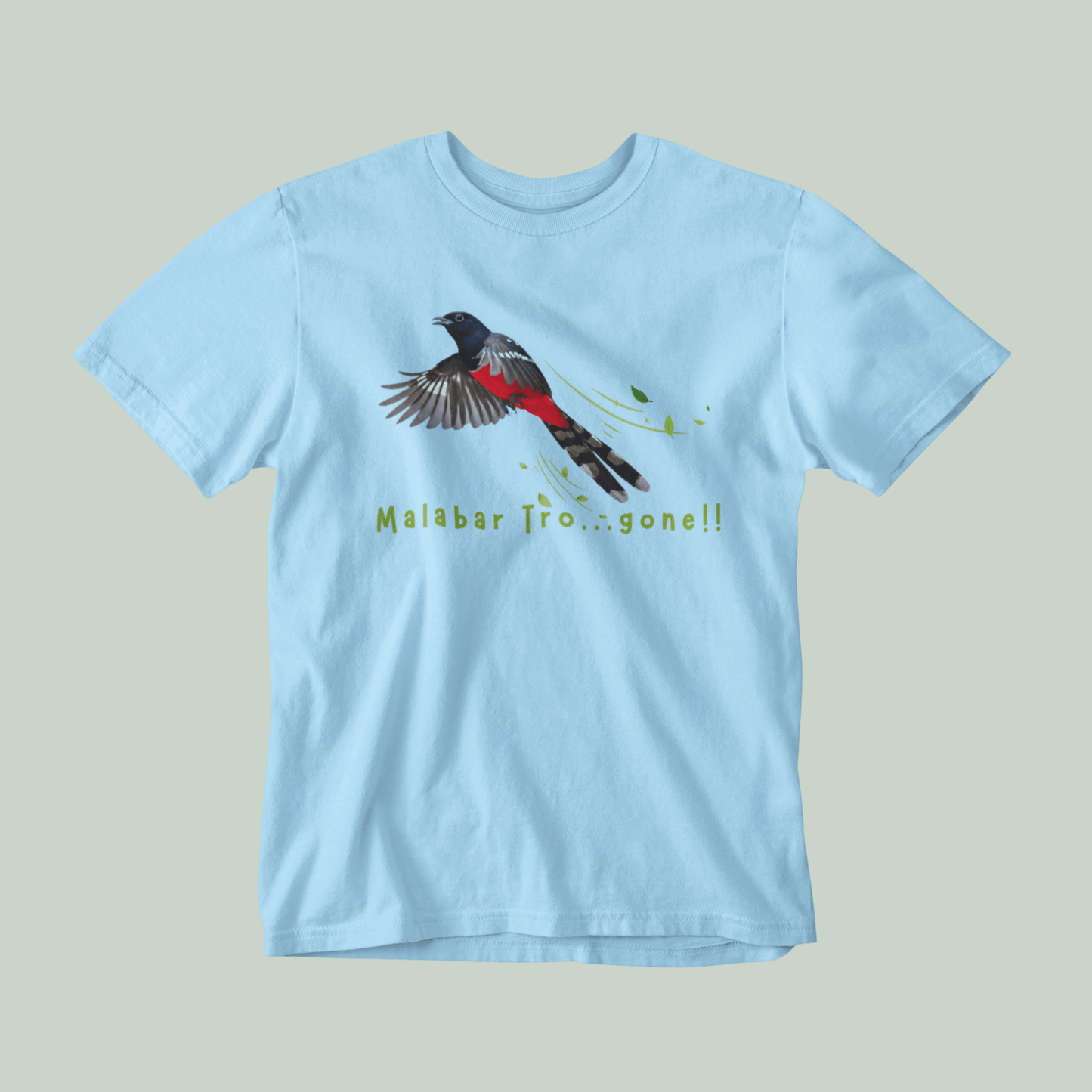 Light blue t-shirt with a bird graphic and text on a gray background