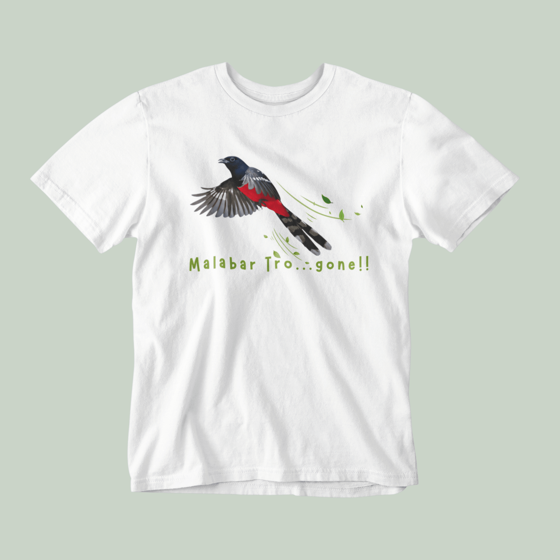 White t-shirt with a bird graphic and text on a light gray background