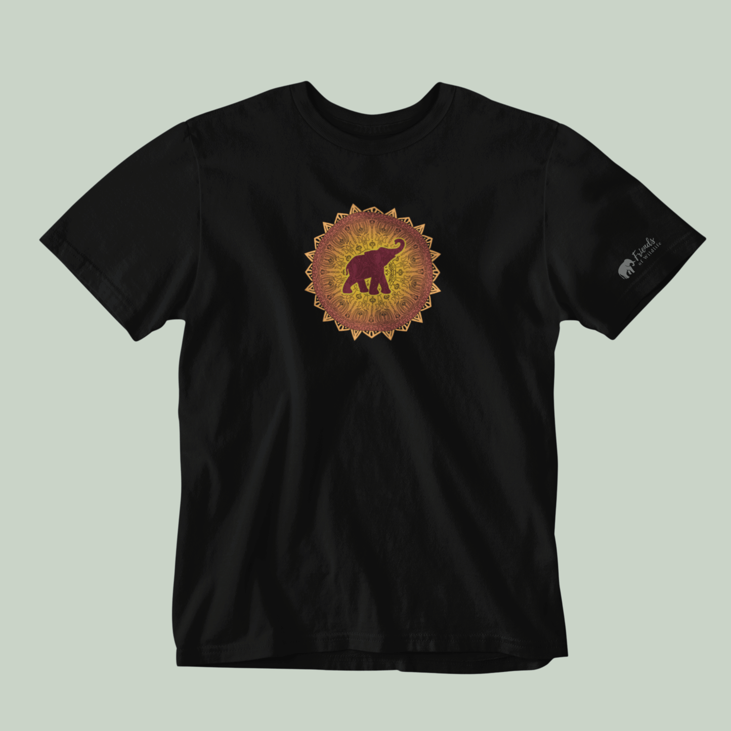  black tucktribe t-shirt with a colorful mandala elephant design on a gray background