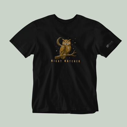 Black tucktribe t-shirt with an owl graphic and 'Night Watcher' text on a light green background