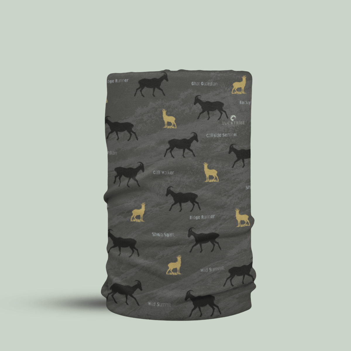 A dark gray tubular neck gaiter featuring a repeating pattern of black and yellow Nilgiri Thar silhouettes with small white text, shown on a light gray background.