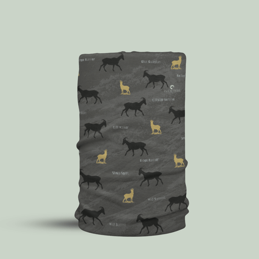 A dark gray tubular neck gaiter featuring a repeating pattern of black and yellow Nilgiri Thar silhouettes with small white text, shown on a light gray background.
