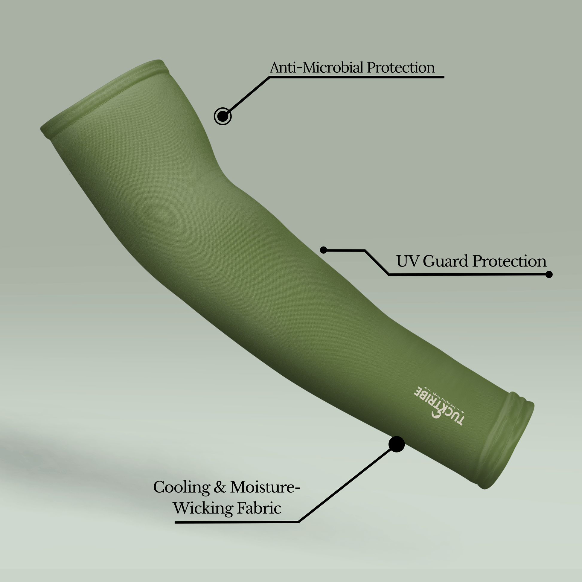 Olive Green arm sleeve with labeled features on a gray background