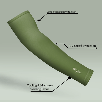 Olive Green arm sleeve with labeled features on a gray background