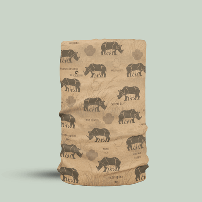 A beige tubular neck gaiter or face mask featuring a repeating pattern of dark brown greater one horned rhinoceros silhouettes, paw prints, and text, displayed on a solid light sage green background.