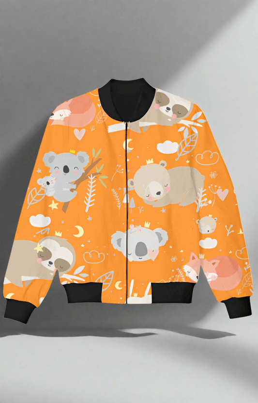 TuckTribeOrange Kids Bomber Jacket with Cute Animal PrintsKids Bomber Jacket
