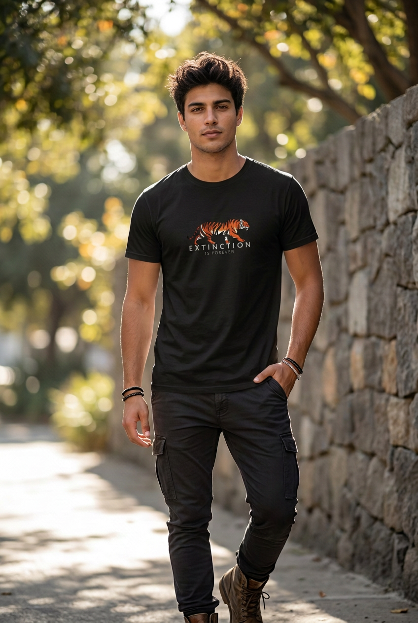 Outdoor worn-fit image with a smaller chest graphic
