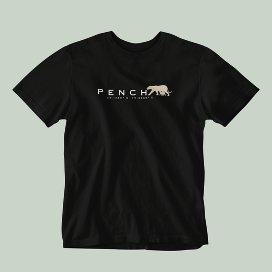 Black t-shirt with PENCH typography and tiger silhouette print inspired by Pench Tiger Reserve