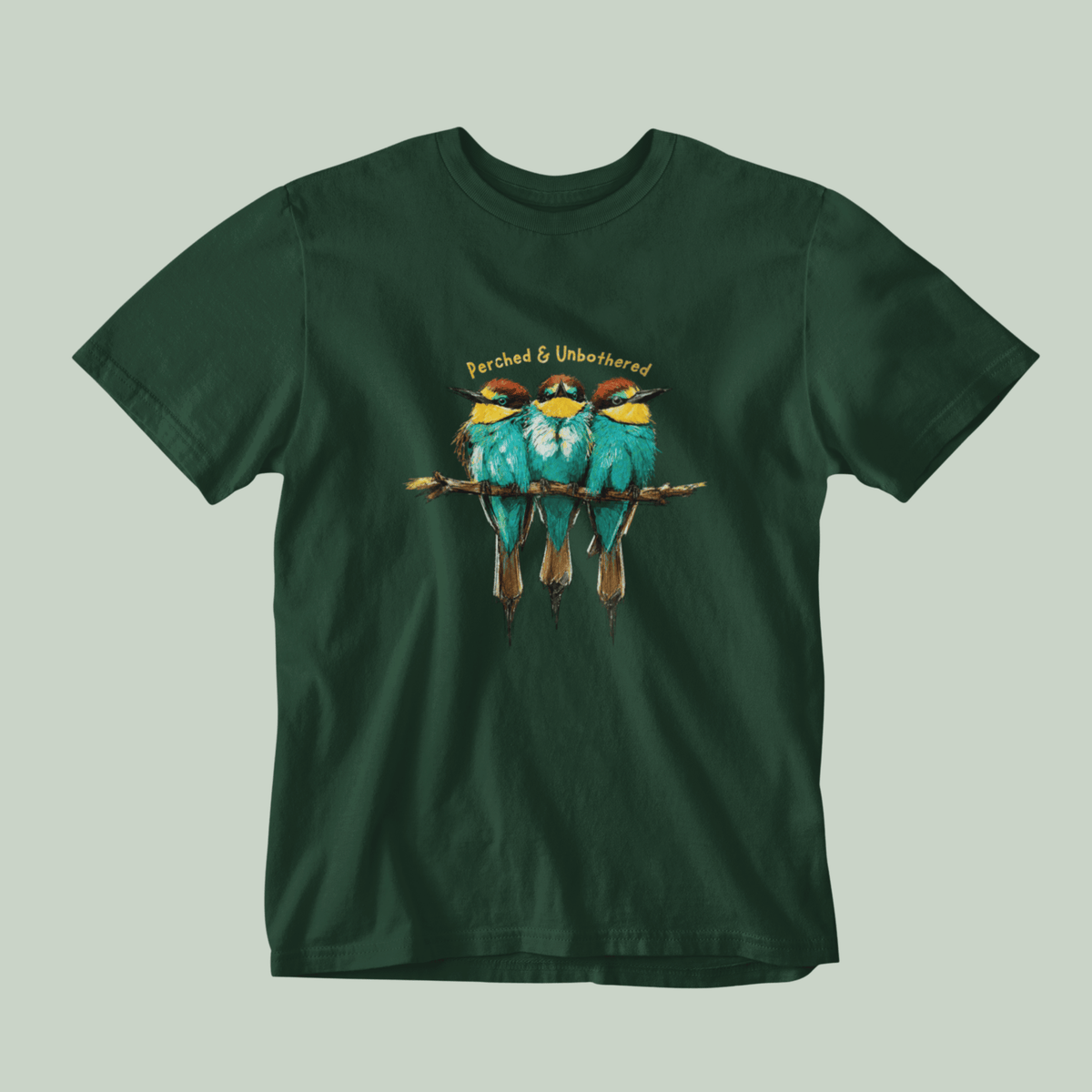Green tucktribe Bee-Eater unisex T-shirt featuring colourful bird wildlife artwork inspired by Rashmi Dsouza