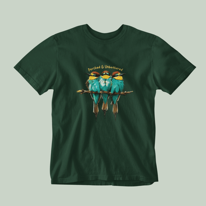Green tucktribe Bee-Eater unisex T-shirt featuring colourful bird wildlife artwork inspired by Rashmi Dsouza