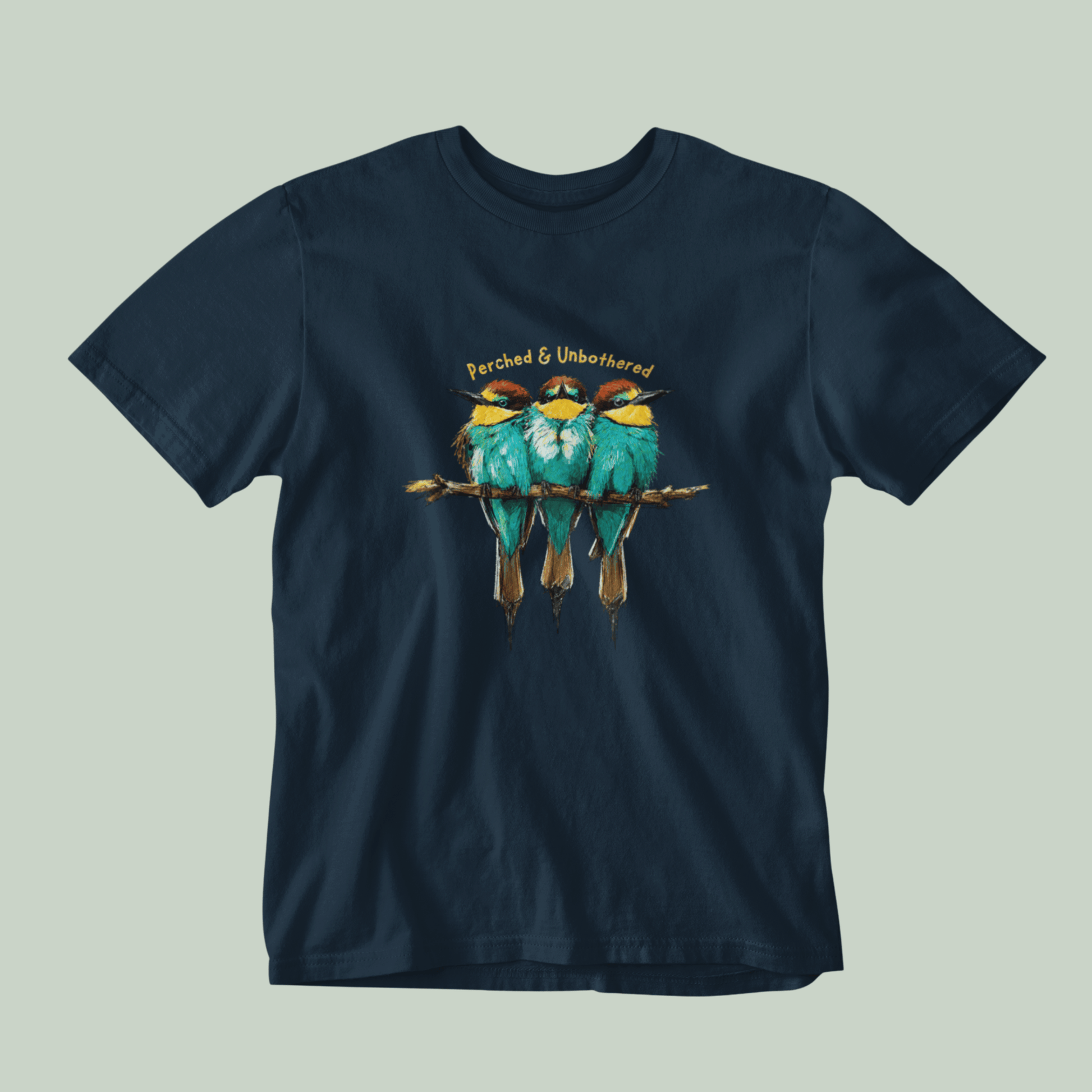 Navy Blue Tucktribe Bee-Eater unisex T-shirt featuring colourful bird wildlife artwork inspired by Rashmi Dsouza