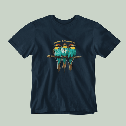Navy Blue Tucktribe Bee-Eater unisex T-shirt featuring colourful bird wildlife artwork inspired by Rashmi Dsouza