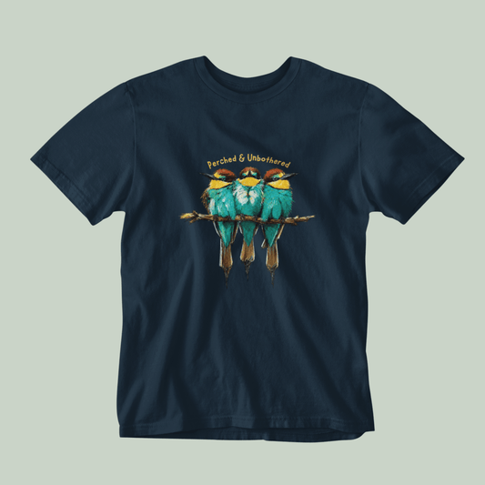 Navy Blue Tucktribe Bee-Eater unisex T-shirt featuring colourful bird wildlife artwork inspired by Rashmi Dsouza