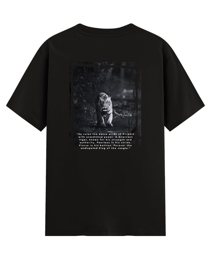 Monochrome tiger walking artwork with Pilibhit tribute text – Vinay S Kumar inspired