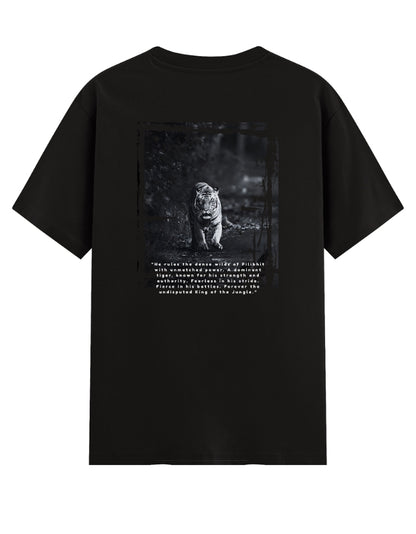 Monochrome tiger walking artwork with Pilibhit tribute text – Vinay S Kumar inspired