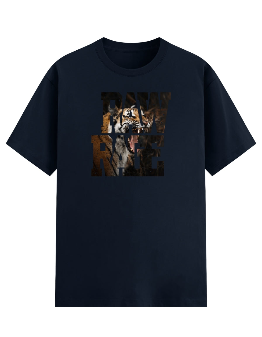 Black t-shirt with a tiger graphic design and text RAWRAGE on a white background