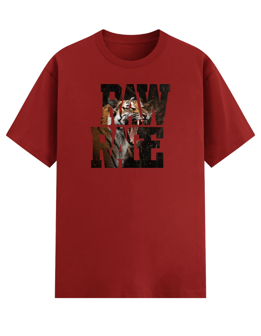 Red t-shirt with a tiger graphic and 'RAWRAGE' text on a white background