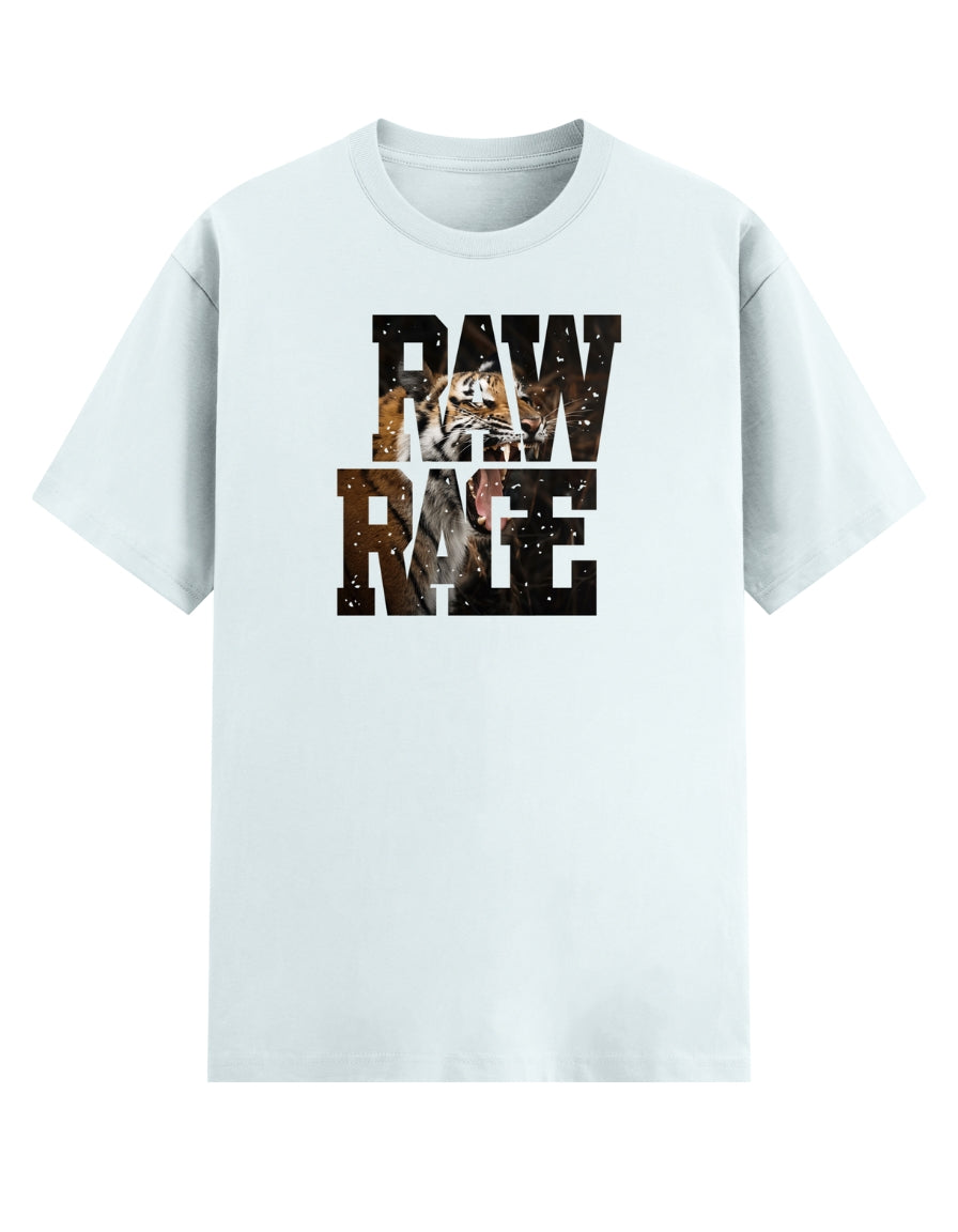 White t-shirt with 'RAW RAGE' graphic design and tiger graphic on a white background