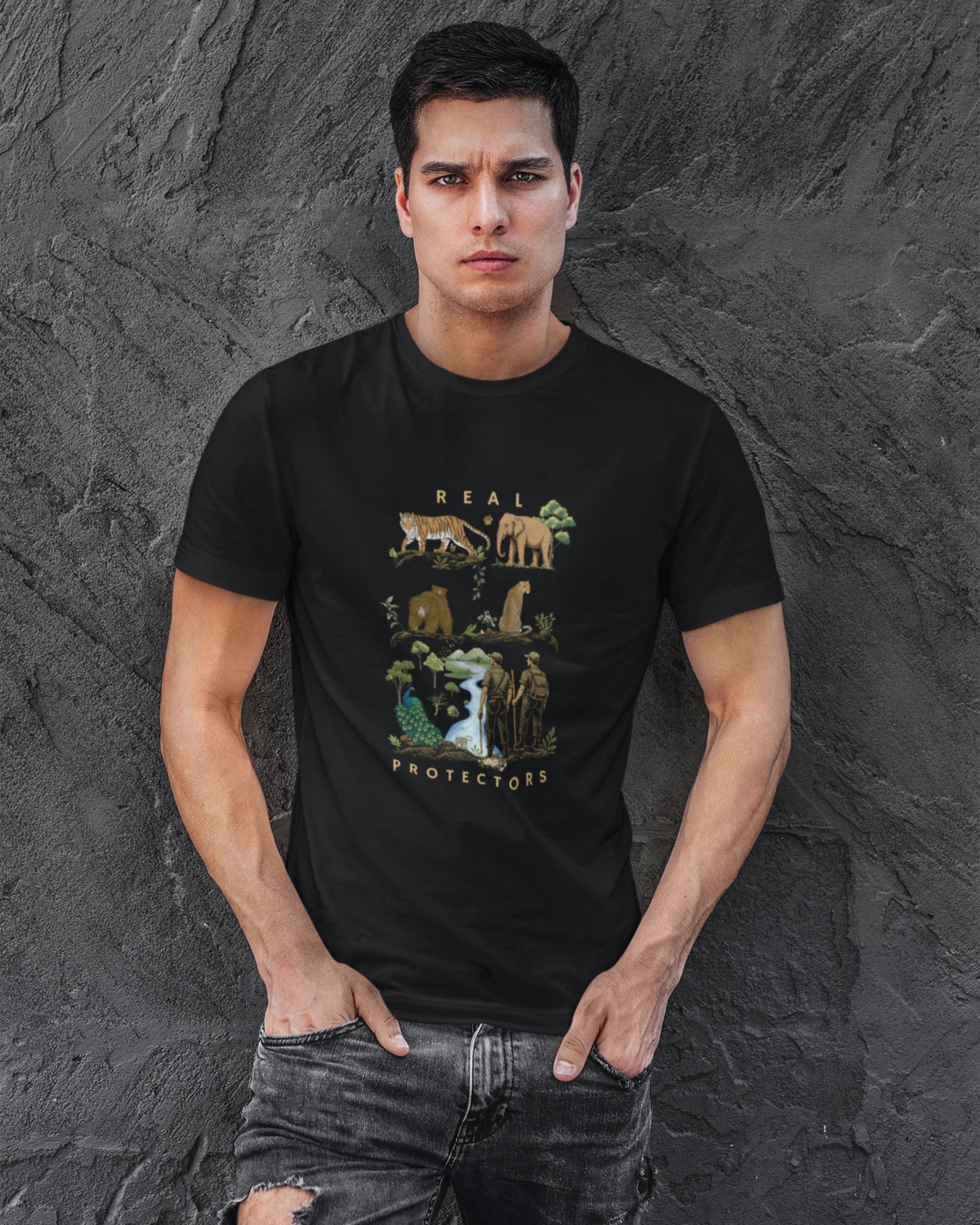 Man wearing a black tucktribe t-shirt with a graphic design of conservation theme against a textured gray background