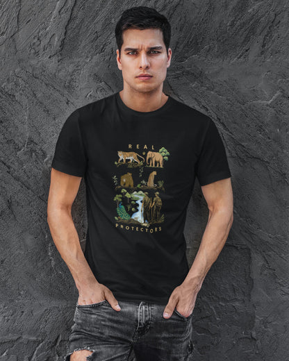 Man wearing a black tucktribe t-shirt with a graphic design of conservation theme against a textured gray background