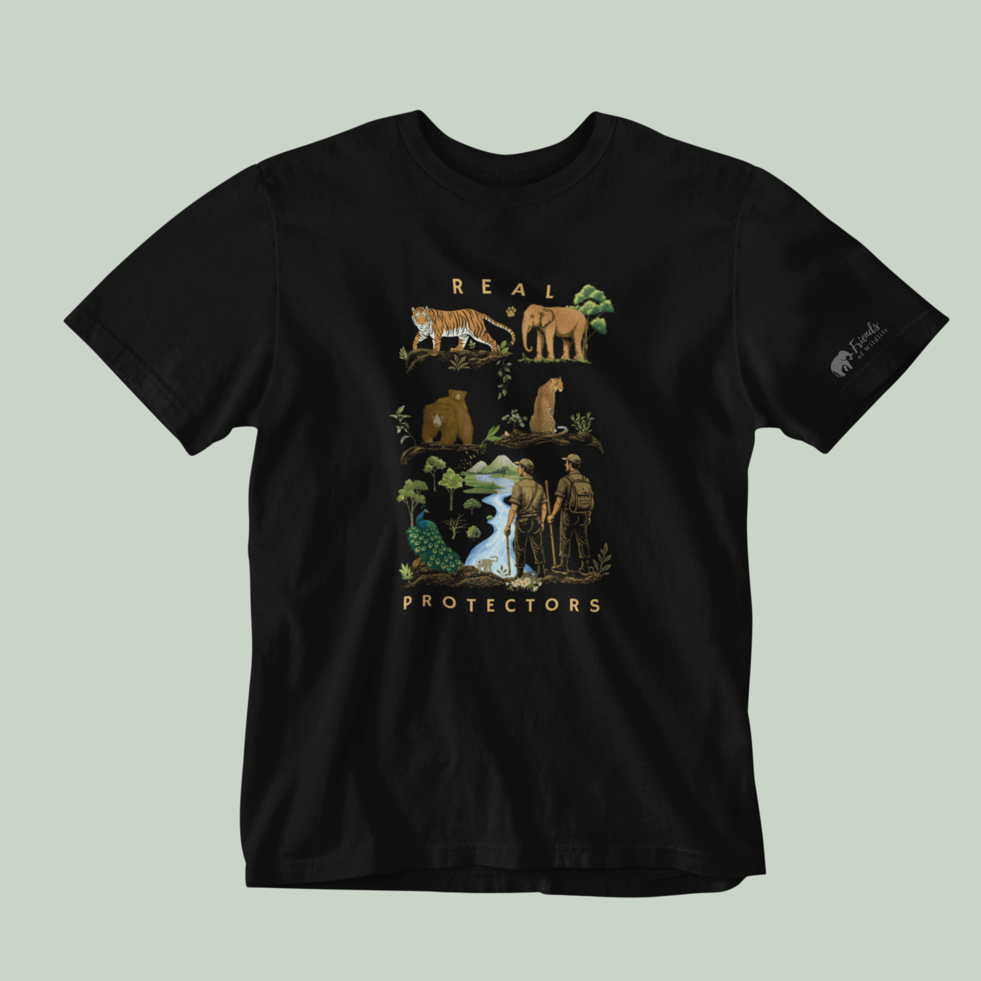 Black tucktribe t-shirt with nature-themed graphic and 'Real Protectors' text on a light gray background