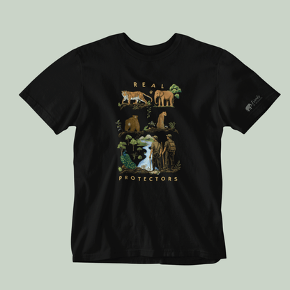 Black tucktribe t-shirt with nature-themed graphic and 'Real Protectors' text on a light gray background
