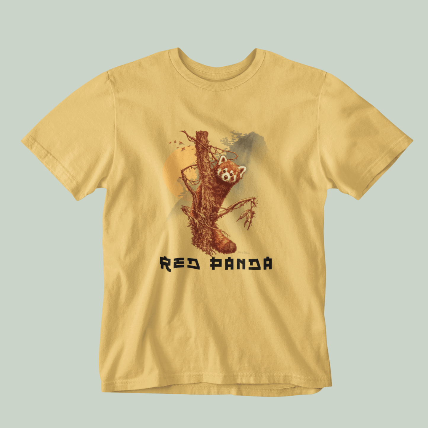Beige tucktribe t-shirt with a red panda graphic on a light gray background