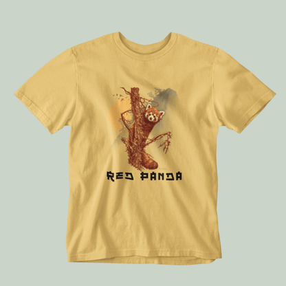 Beige tucktribe t-shirt with a red panda graphic on a light gray background