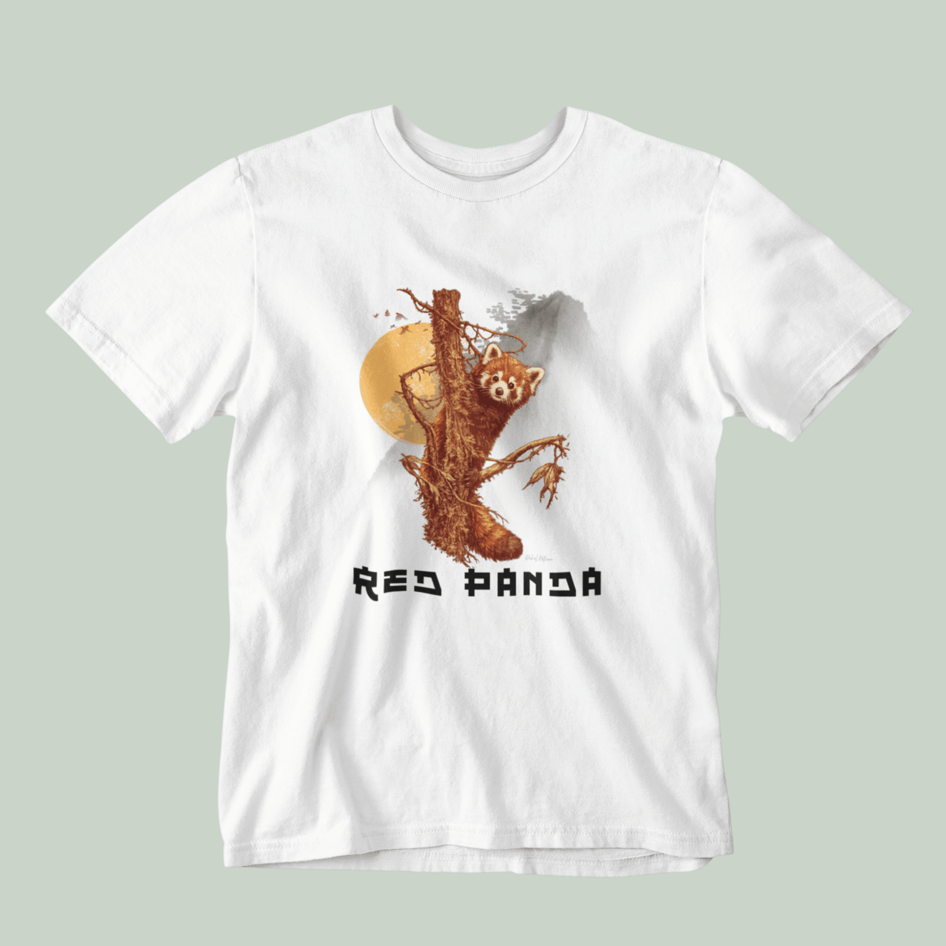 White tucktribe t-shirt with a red panda graphic on a light gray background