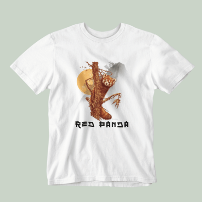 White tucktribe t-shirt with a red panda graphic on a light gray background
