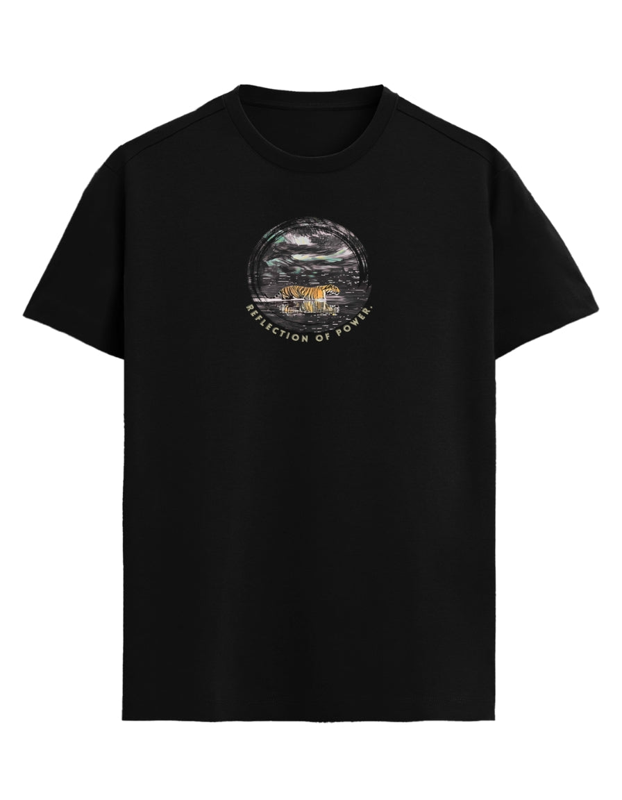 Black t-shirt with a graphic design on a white background