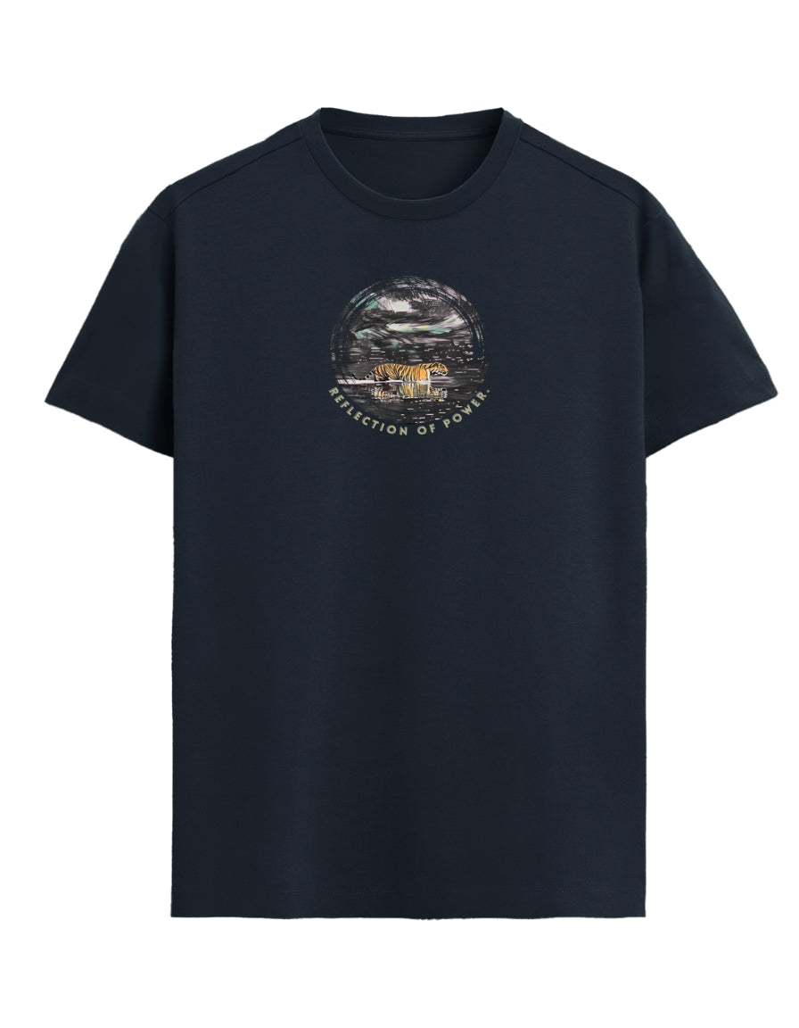 Navyblue t-shirt with a graphic design on a white background