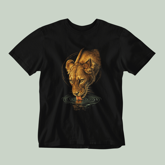 Black tucktribe t-shirt with a lioness drinking water design on a light gray background