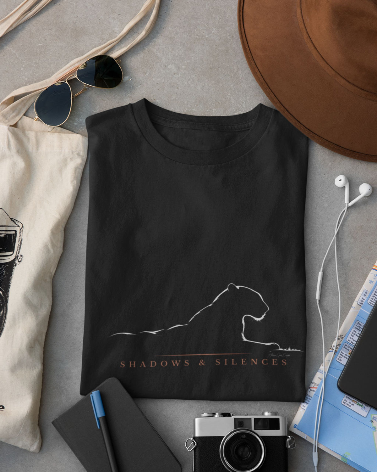 Black Jawai leopard T-shirt with minimalist Shadows and Silences wildlife graphic