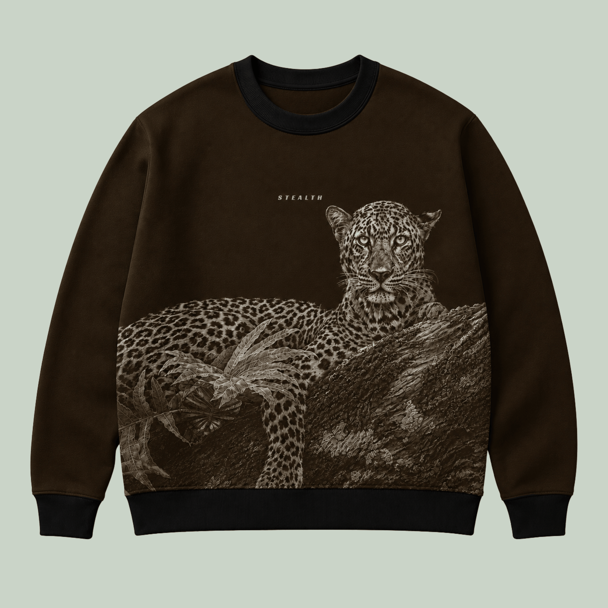 Detailed leopard resting on a tree wildlife artwork featured on a premium unisex sweatshirt