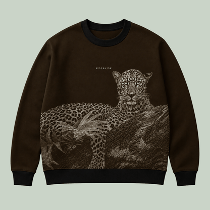 Detailed leopard resting on a tree wildlife artwork featured on a premium unisex sweatshirt