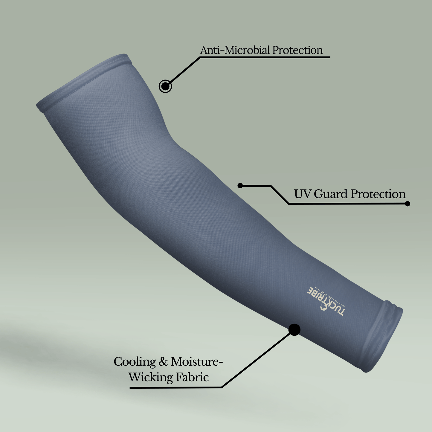 Tucktribe Steelgrey arm sleeve with labeled features on a gray background