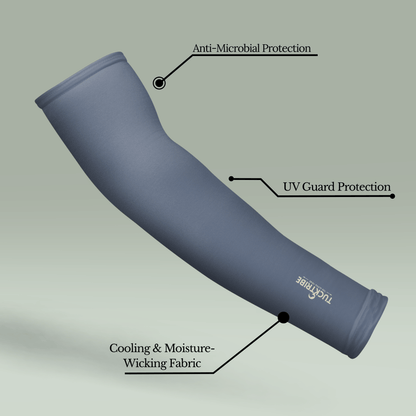 Tucktribe Steelgrey arm sleeve with labeled features on a gray background