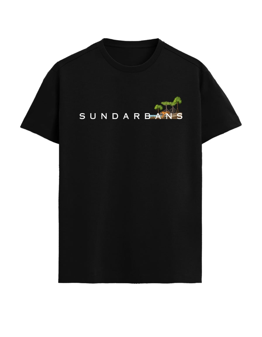 Black t-shirt with 'Sundarbans' text and palm tree design on a white background