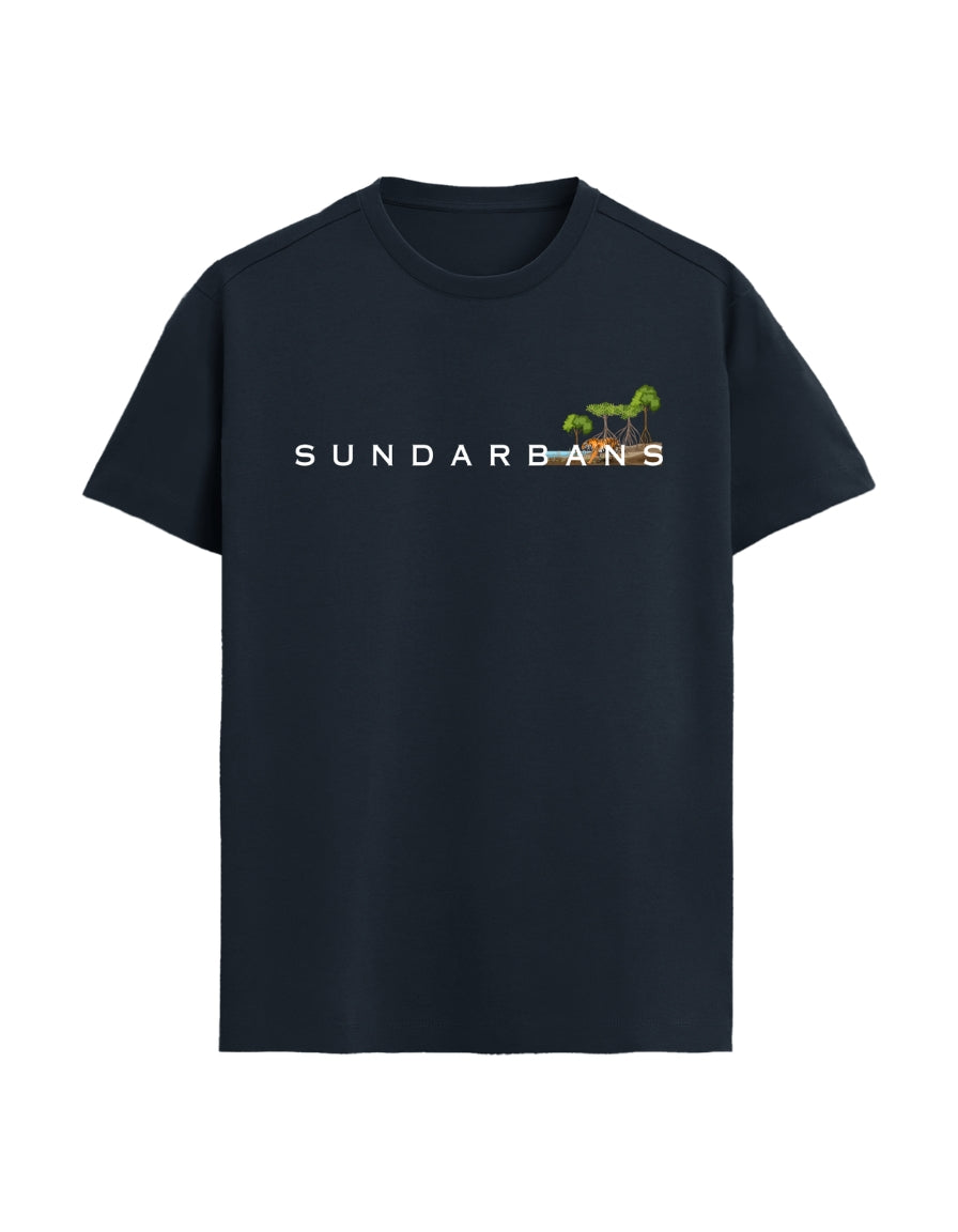 Black t-shirt with 'Sundarbans' text and palm tree design on a white background