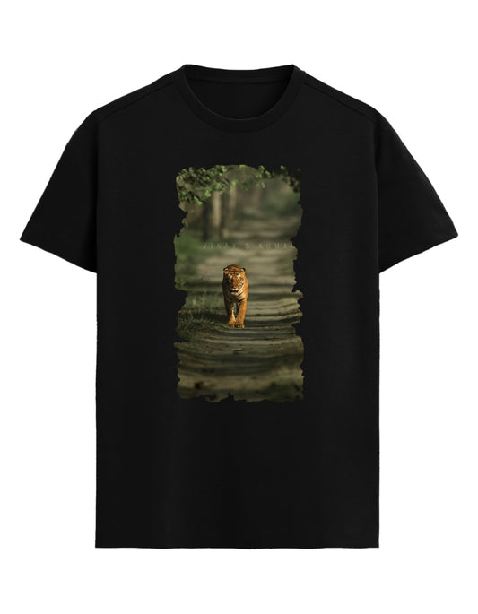Black t-shirt with a tiger walking design on a white background