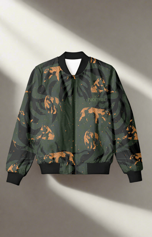 Tiger Design Bomber Jacket - Dark Forest Green Men's Outerwear, Stylish Streetwear Coat with Unique Animal Print