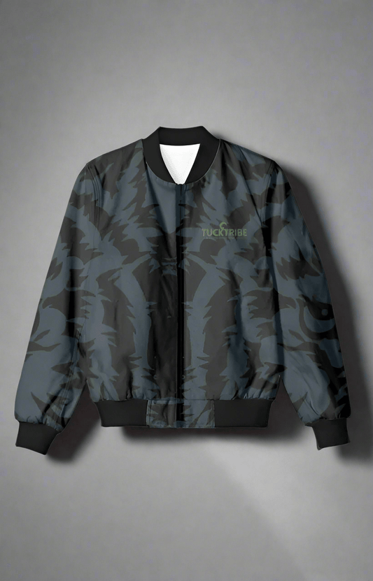 Tiger Face Bomber Jacket - Men's Dart Blue Outdoor Jacket with All-Over Tiger Sketch Print, Fierce and Confident Style