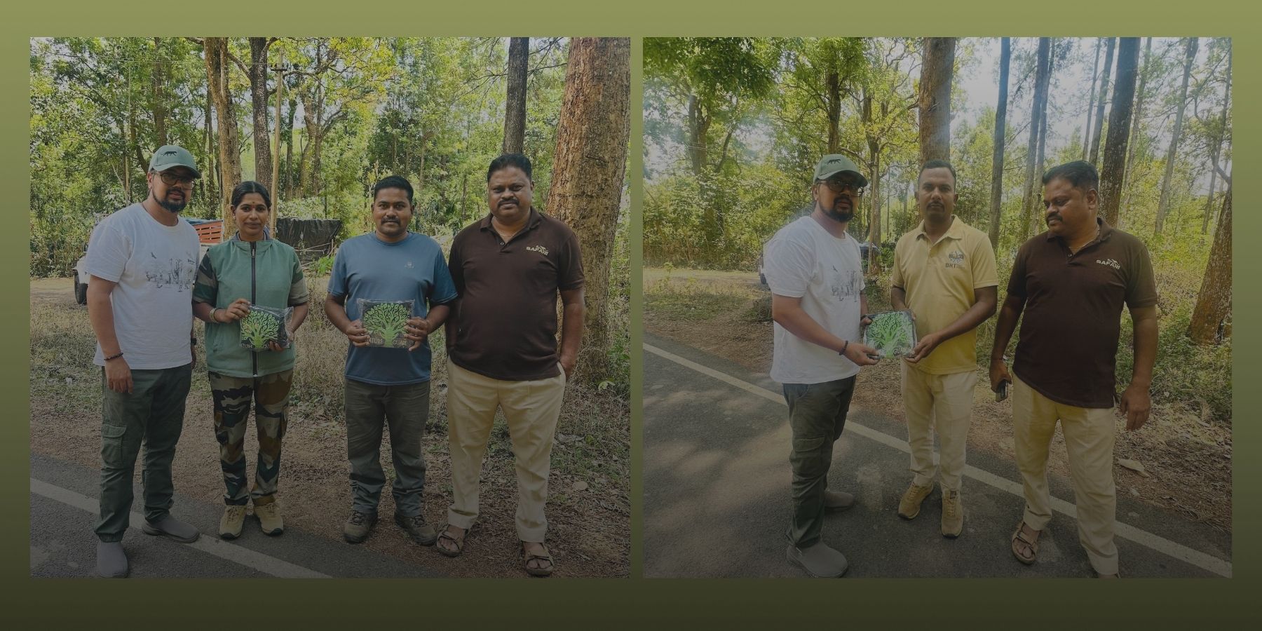 Two images of a group of people holding tshirts distributed by tucktribe in a forest setting.