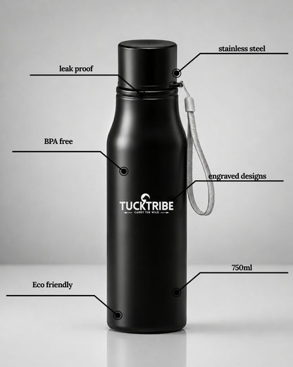 a tucktribe matte black insulated tucktribe water bottle with a matching black screw cap and a white wrist strap, featuring a engraving of a tucktribe logo with all the features listed about the water bottle.