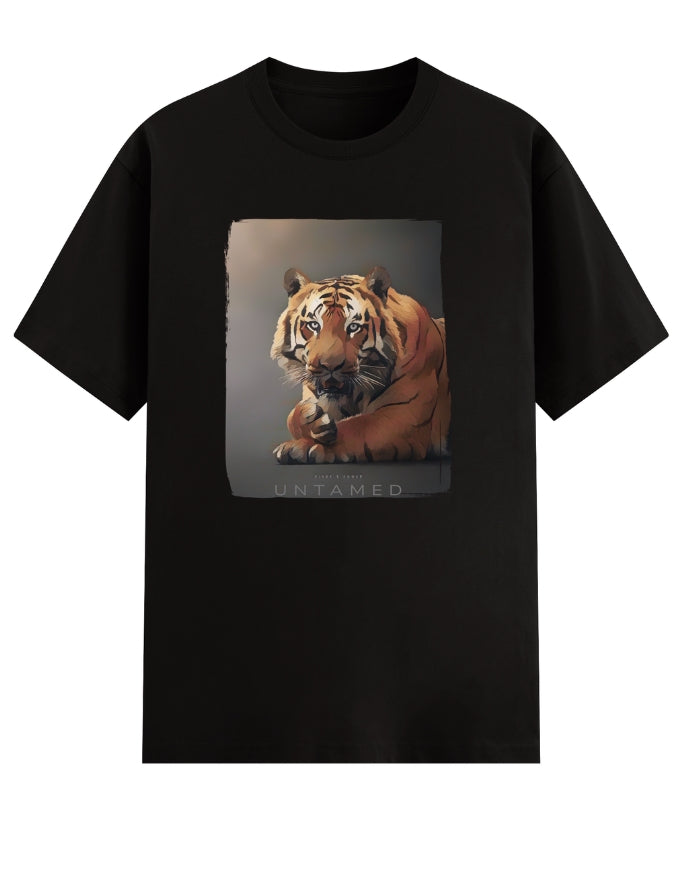 Black t-shirt with a tiger graphic and 'Untamed' text on a white background