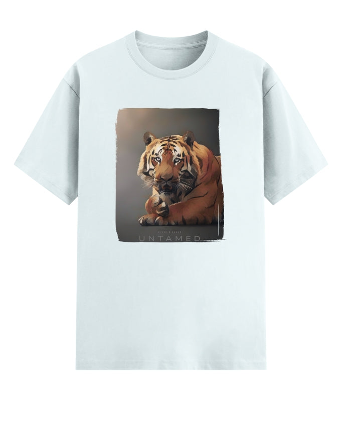 White t-shirt with a tiger graphic and text untamed on a white background