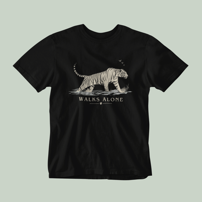 Black unisex tiger T-shirt with minimalist vintage wildlife artwork and “Walks Alone” design